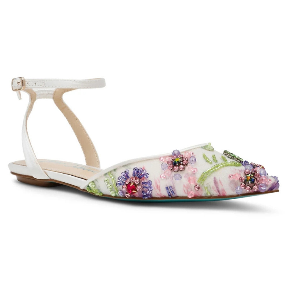 Betsey Johnson Garbo Jeweled Flats Women's US 6 Ivory Multi Ankle Strap GAL2057
